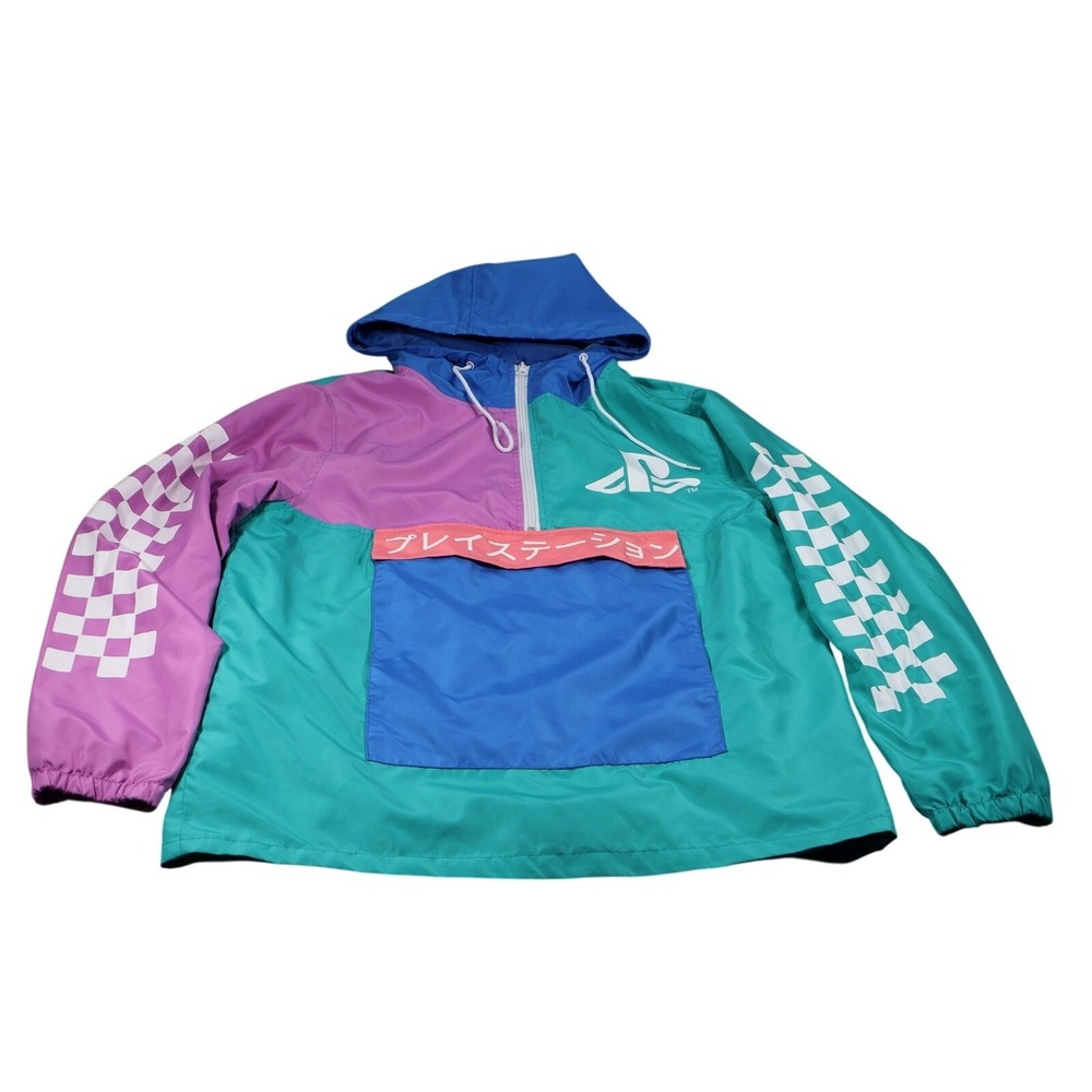 PlayStation Jacket Mens M‎ Green Check Windbreaker Hooded 1/4 Zip Pockets